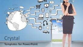  Presentation with open door - Beautiful PPT theme featuring thoughtful businesswoman against brainstorm on blue wall with open door backdrop and a light blue colored foreground