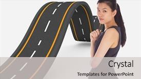  Presentation with bumpy road - Slide set enhanced with thoughtful businesswoman against bumpy road background background and a light gray colored foreground
