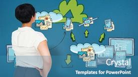  Presentation with doodle - Cool new PPT theme with thoughtful businesswoman against cloud computing doodle backdrop and a teal colored foreground