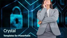  Presentation with security door lock - Beautiful theme featuring thoughtful businesswoman against digital security backdrop and a  colored foreground