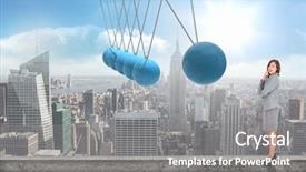  Presentation with city - Amazing slide set having thoughtful businesswoman against newtons cradle backdrop and a gray colored foreground