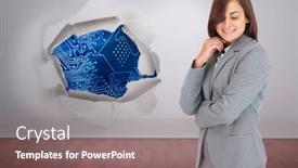  Presentation with circuit - Slide deck with thoughtful-businesswoman-against-rip background and a violet colored foreground