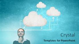  Presentation with cloud computing - Slides with thoughtful businesswoman and cloud computing concept on blue background background and a light blue colored foreground
