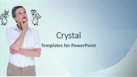  Presentation with bad - Presentation theme featuring thoughtful businesswoman between good background and a sky blue colored foreground