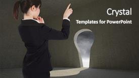 Presentation with keyhole - Colorful PPT theme enhanced with thoughtful businesswoman pointing against keyhole door in dark room backdrop and a dark gray colored foreground