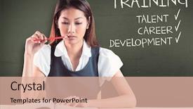  Presentation with sustainable green cities - PPT theme with thoughtful businesswoman reading against green background and a coral colored foreground