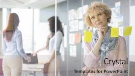  Presentation with sticky notes - Slides featuring thoughtful businesswoman reading sticky notes background and a light gray colored foreground