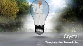  Presentation with bulb - Cool new slide deck with thoughtful businesswoman standing in bulb backdrop and a  colored foreground