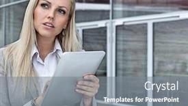 Presentation with using digital tablet - Cool new slide deck with thoughtful businesswoman using digital tablet while looking away against office building backdrop and a gray colored foreground