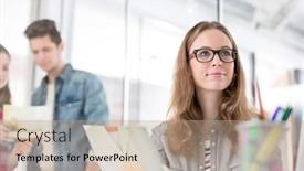  Presentation with photograph - Slides enhanced with thoughtful businesswoman with photograph sitting in office background and a coral colored foreground
