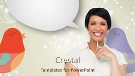  Presentation with feminine - Audience pleasing presentation design consisting of thoughtful businesswoman with speech bubble against feminine design of dandelions and birds backdrop and a cream colored foreground