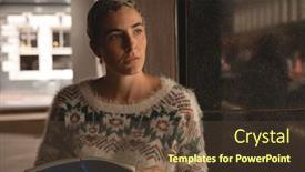  Presentation with cafeteria - Presentation theme having thoughtful-businesswoman-writing background and a tawny brown colored foreground