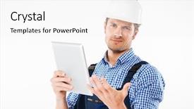  Presentation with team building on white - Cool new theme with thoughtful confused builder in helmet backdrop and a white colored foreground