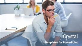  Presentation with office chair - Beautiful presentation theme featuring thoughtful creative businessman on chair while colleagues in background at office backdrop and a teal colored foreground