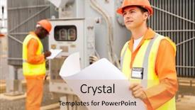  Presentation with substation - Slide deck with thoughtful electrical engineer in electric background and a yellow colored foreground