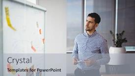  Presentation with whiteboard - Amazing presentation theme having thoughtful executive looking at whiteboard in office backdrop and a light blue colored foreground