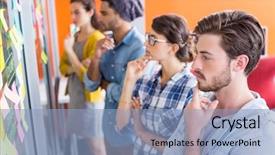  Presentation with sticky notes - Amazing PPT layouts having thoughtful executives reading sticky notes backdrop and a light blue colored foreground