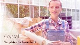  Presentation with greenhouse - PPT theme featuring thoughtful farmer reading report on clipboard in greenhouse background and a lemonade colored foreground