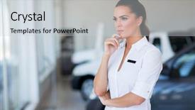  Presentation with principal - Audience pleasing PPT theme consisting of thoughtful female car dealership principal backdrop and a light gray colored foreground
