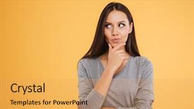  Presentation with orange - Colorful slide deck enhanced with thoughtful girl in studio isolated backdrop and a yellow colored foreground