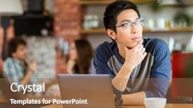  Presentation with asian - Colorful presentation theme enhanced with thoughtful handsome young asian man backdrop and a tawny brown colored foreground