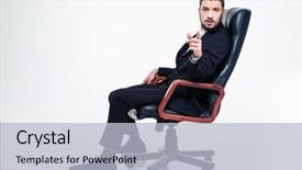  Presentation with office chair - Amazing slide set having thoughtful handsome young business man with beard in black suit in black office chair pointing on you over white background backdrop and a light gray colored foreground