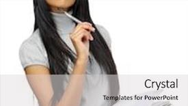  Presentation with indian - Cool new PPT theme with thoughtful indian girl wondering what to write in her book isolated on white backdrop and a light gray colored foreground