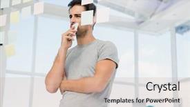  Presentation with sticky notes - Audience pleasing theme consisting of thoughtful man looking at sticky notes on window in the office backdrop and a coral colored foreground