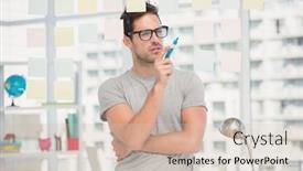  Presentation with sticky notes - Beautiful PPT layouts featuring thoughtful man looking at sticky notes on window in the office backdrop and a soft green colored foreground