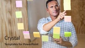  Presentation with sticky notes - Colorful presentation enhanced with thoughtful man reading at sticky notes while having coffee in the office backdrop and a coral colored foreground