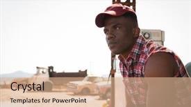  Presentation with petrol station - PPT theme with thoughtful man relaxing at petrol background and a coral colored foreground