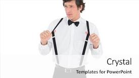  Presentation with stretching - Cool new presentation theme with thoughtful man stretching suspenders isolated backdrop and a white colored foreground