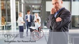  Presentation with difficulty - Presentation theme featuring thoughtful-manager-with-a-wheelchair background and a light gray colored foreground