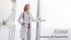  Presentation with measurement - Amazing presentation theme having thoughtful mature doctor standing by measurement scale while looking through window at hospital backdrop and a light gray colored foreground