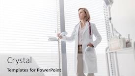  Presentation with measurement - Slide set having thoughtful mature doctor standing by measurement scale while looking through window at hospital background and a light gray colored foreground