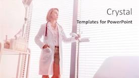  Presentation with measurement - Colorful presentation theme enhanced with thoughtful mature doctor standing by measurement scale while looking through window at hospital backdrop and a white colored foreground