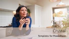  Presentation with paperwork - Colorful slide set enhanced with thoughtful-mature-woman-reviewing-domestic backdrop and a soft green colored foreground