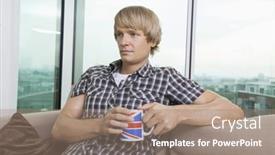  Presentation with cup coffee - Audience pleasing PPT theme consisting of thoughtful-mid-adult-man-sitting backdrop and a coral colored foreground