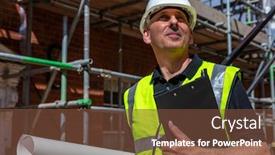  Presentation with aged - Slide deck with thoughtful middle aged man male builder foreman worker contractor or architect on construction site holding black clipboard and architectural plans background and a tawny brown colored foreground