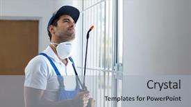  Presentation with sprayer - Colorful slide deck enhanced with thoughtful pest worker with sprayer backdrop and a light blue colored foreground