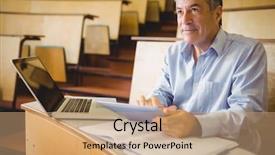  Presentation with desk in line - Cool new PPT layouts with thoughtful professor sitting at desk backdrop and a coral colored foreground