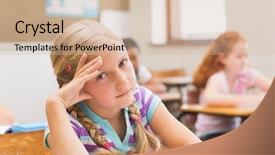  Presentation with pupil - Colorful PPT layouts enhanced with thoughtful pupil sitting at her desk at the elementary school backdrop and a soft green colored foreground