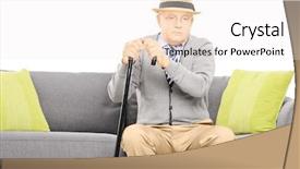  Presentation with cane - Beautiful PPT theme featuring thoughtful senior man with a cane sitting on a couch isolated on white background backdrop and a sky blue colored foreground