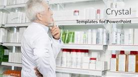  Presentation with pharmacist - PPT layouts enhanced with thoughtful senior pharmacist looking at shelves background and a light gray colored foreground