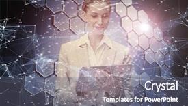  Presentation with hexagons - Slides having thoughtful stylish businesswoman looking at tablet against technological background with hexagons background and a gray colored foreground
