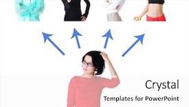  Presentation with teen - Colorful presentation theme enhanced with thoughtful teen woman with problem - profession choosing isolated on white backdrop and a white colored foreground