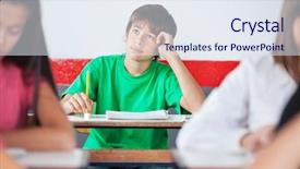  Presentation with classmates - Audience pleasing presentation design consisting of thoughtful teenage schoolboy sitting at desk with classmates studying in foreground backdrop and a sky blue colored foreground