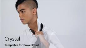  Presentation with transgender - PPT theme consisting of transgenero - thoughtful transgender woman holding tie background and a light gray colored foreground