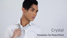  Presentation with transgender - Slide deck consisting of thoughtful transgender woman standing against white background background and a sky blue colored foreground