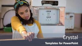  Presentation with pump - Cool new PPT theme with thoughtful-woman-filling-petrol backdrop and a gray colored foreground